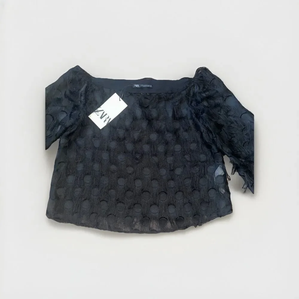 Women's Zara Black Polka Dot Boat Neck Semi Sheer  Cropped Top Size XS